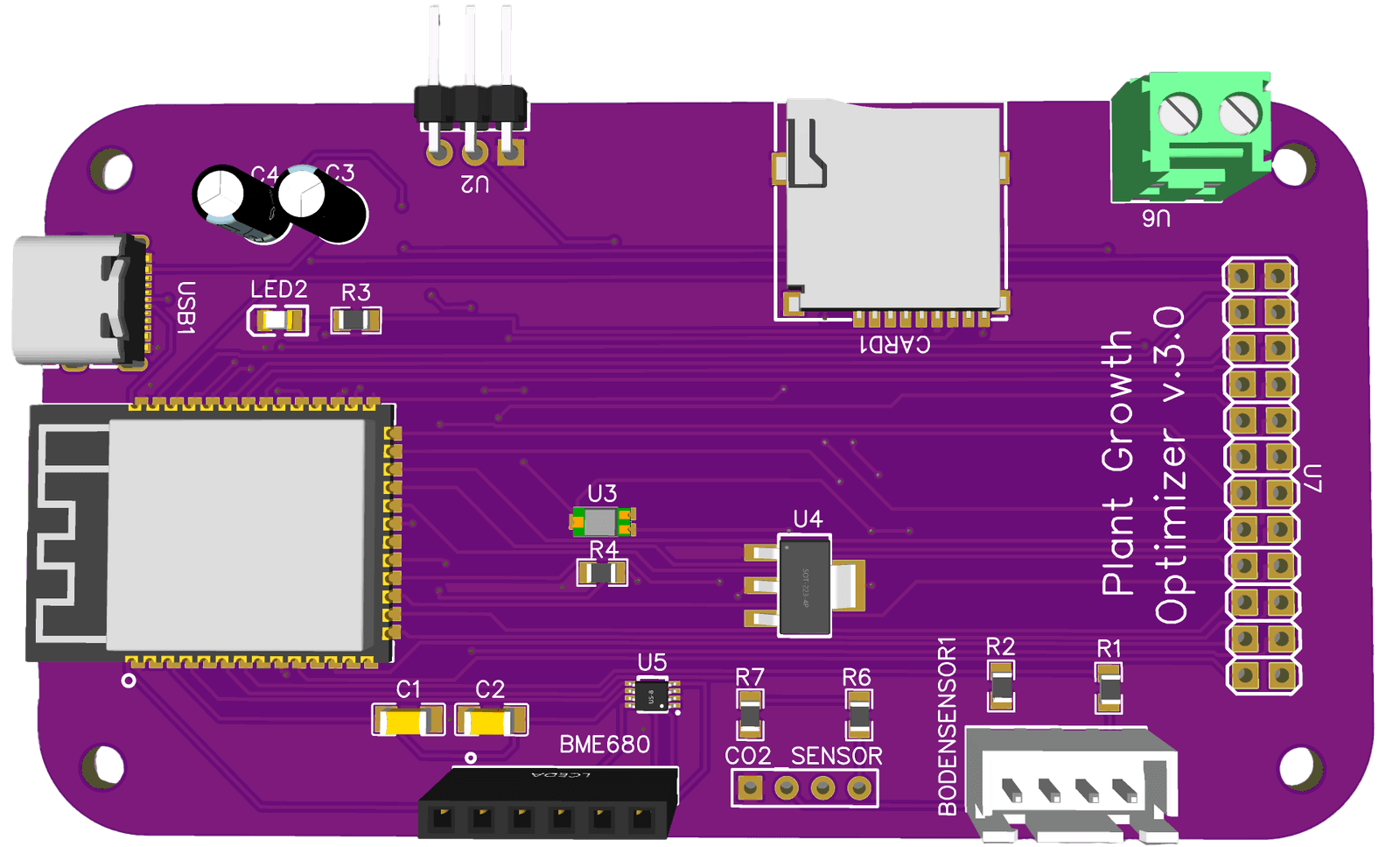Drehbares 3D-Modell der Data-Collector-Platine v3.0 mit ESP32-S3-Modul, microSD-Steckplatz, USB-C-Buchse und Sensoranschlüssen